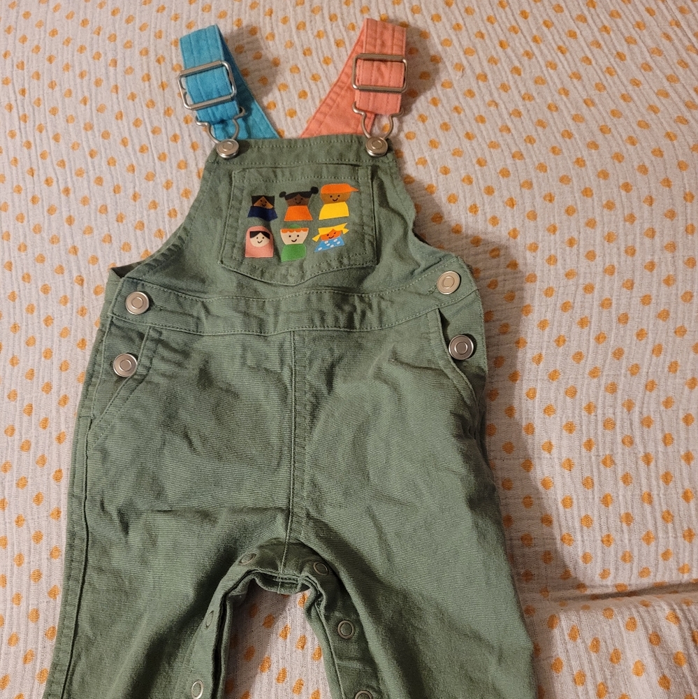 Christian Robinson olive green color block overalls unisex 6-9 months